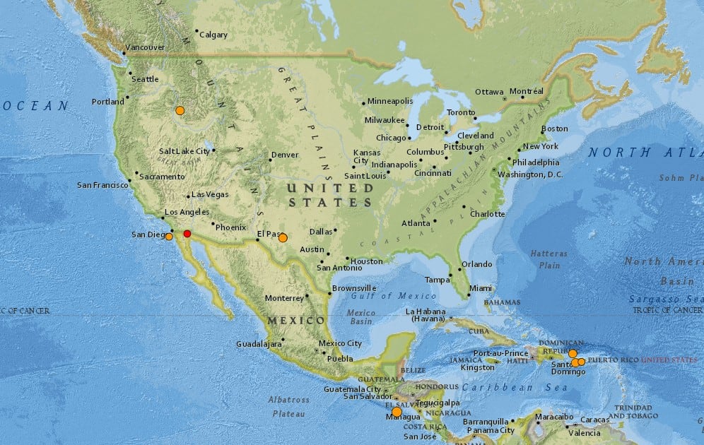 Mapa de los sismos ocurridos en Estados Unidos y el Caribe en las últimas 24 horas