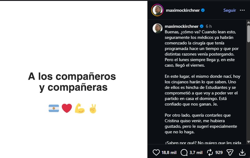 El posteo que realizó Máximo Kirchner en relación a su operación