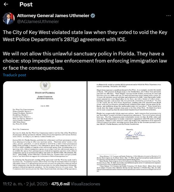 El fiscal general de Florida publicó una dura advertencia para Key West luego de su decisión de terminar con la colaboración de ICE