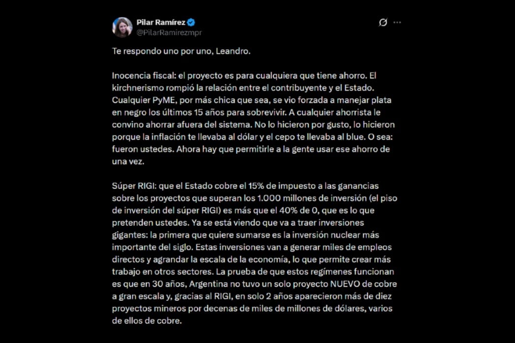El primer fragmento de la respuesta de Pilar Ramírez a Leandro Santoro en X