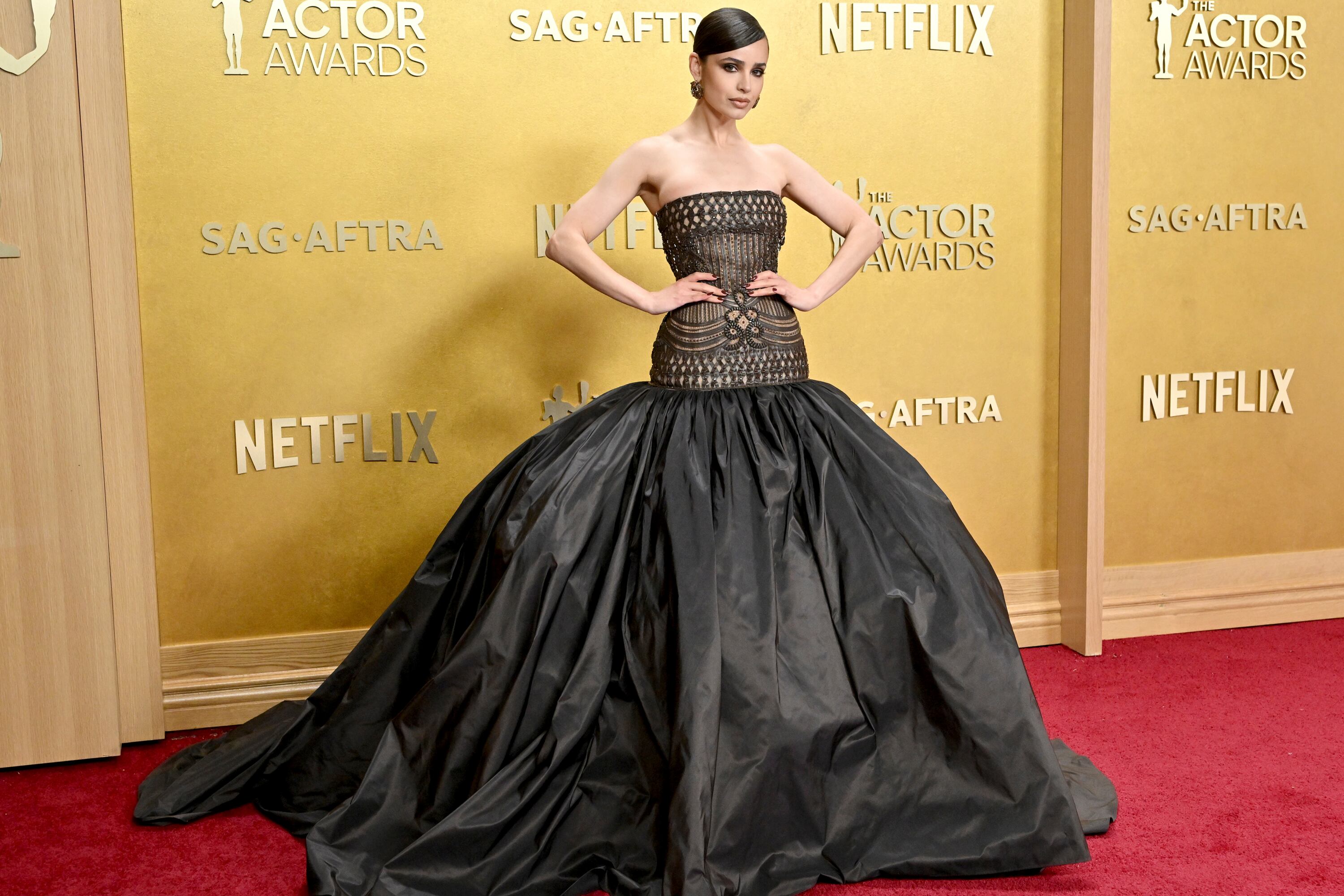 Sofia Carson lució el vestido más voluminoso: con cuerpo encorsetado y falda amplísima, de Elie Saab