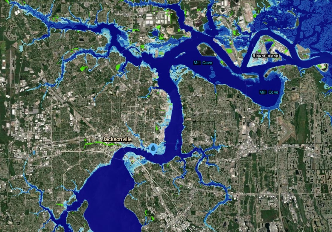 El aumento del nivel del mar generaría un desborde del río St. John, y por lo tanto inundaciones en el centro de Jacksonville