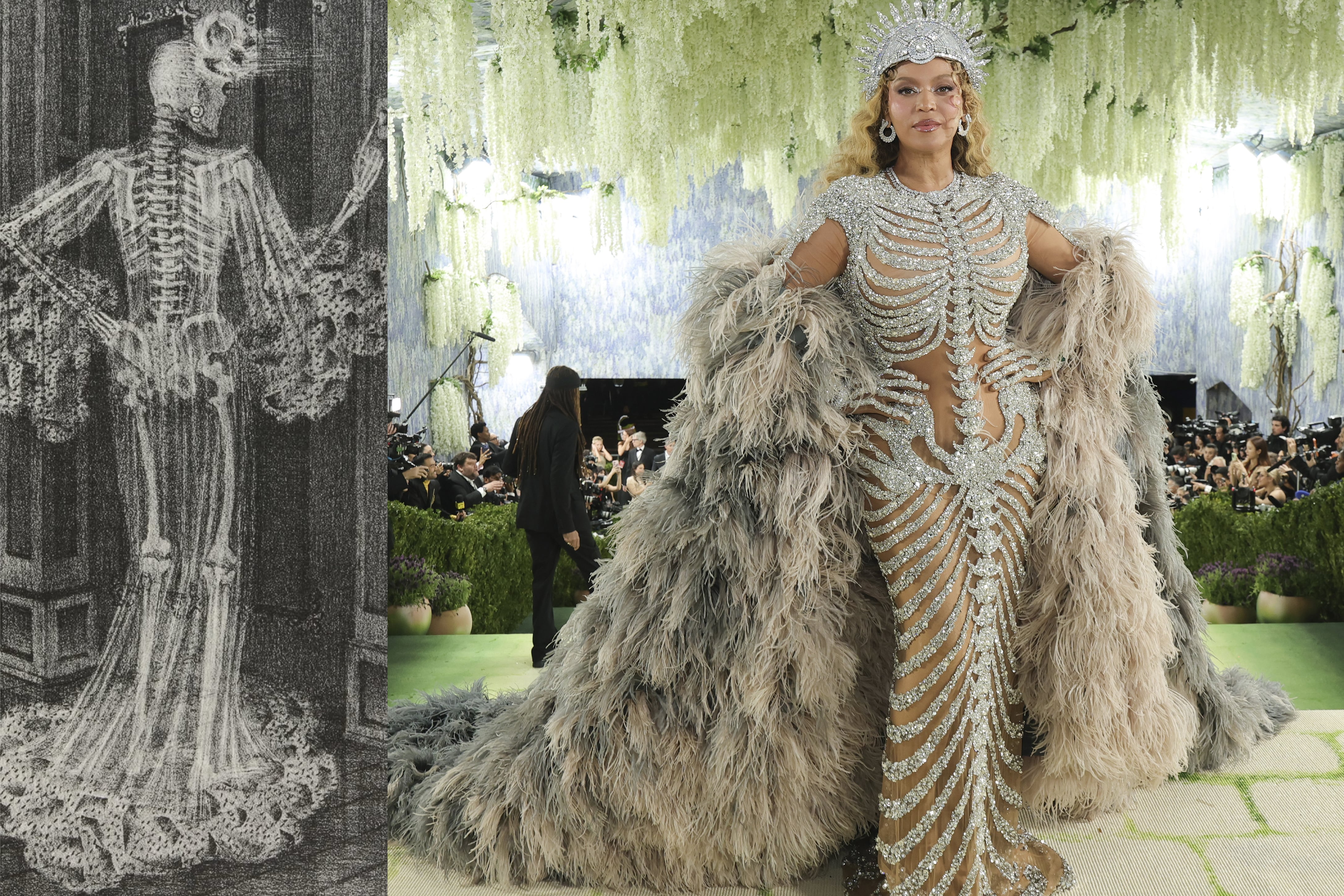 Tras una década de ausencia, Beyoncé volvió a la gala con una propuesta que hacía referencia a The Visitor, una obra que la artista Caroline Durieux realizó en 1944. A través de un impactante vestido realizado con pedrería, Olivier Rousteing, exdirector creativo de Balmain, logró replicar de manera casi exacta la famosa litografía de Durieux: un esqueleto vestido de gala que está parado ante una puerta. Beyoncé levó, además, un casquete y un abrigo de plumas
