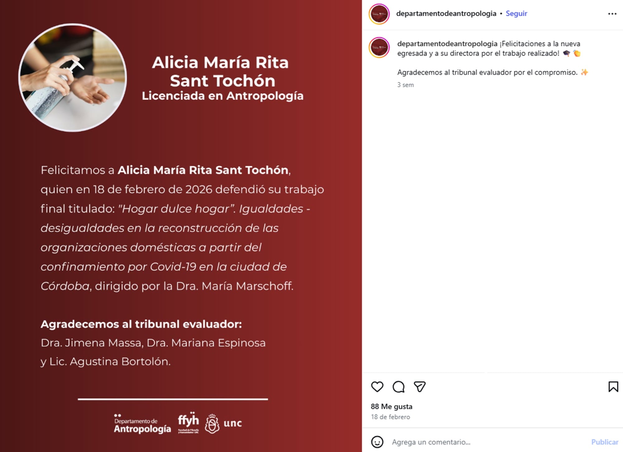 La Universidad Nacional de Córdoba le dedicó una publicación en su cuenta del Departamento de Antropología
