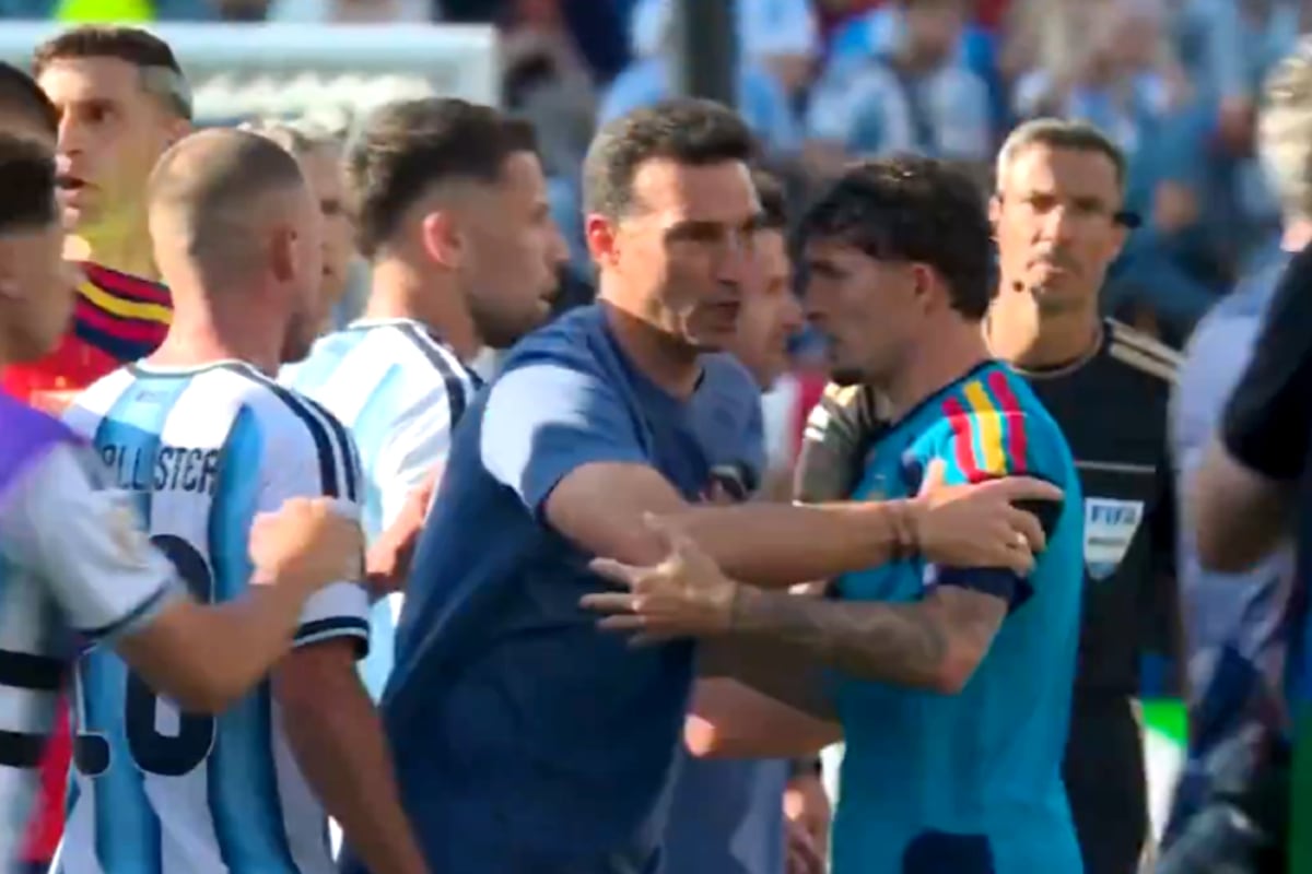 Empujones, cruces y golpes entre jugadores de España y la Argentina después de la final del Mundial