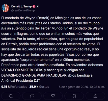 Trump también cuestionó el proceso electoral en el condado de Wayne