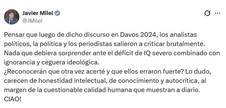 En medio de los disturbios en Francia, Milei recordó su discurso de 2024 en Davos 6 El posteo de Milei