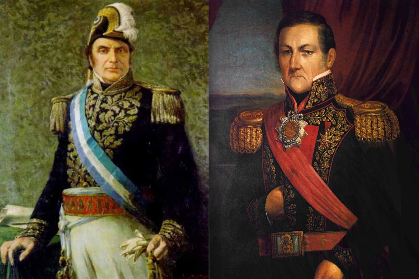 Justo José de Urquiza según Luis de Servi; a la derecha, Juan Manuel de Rosas, retratado por Fernando García del Molino