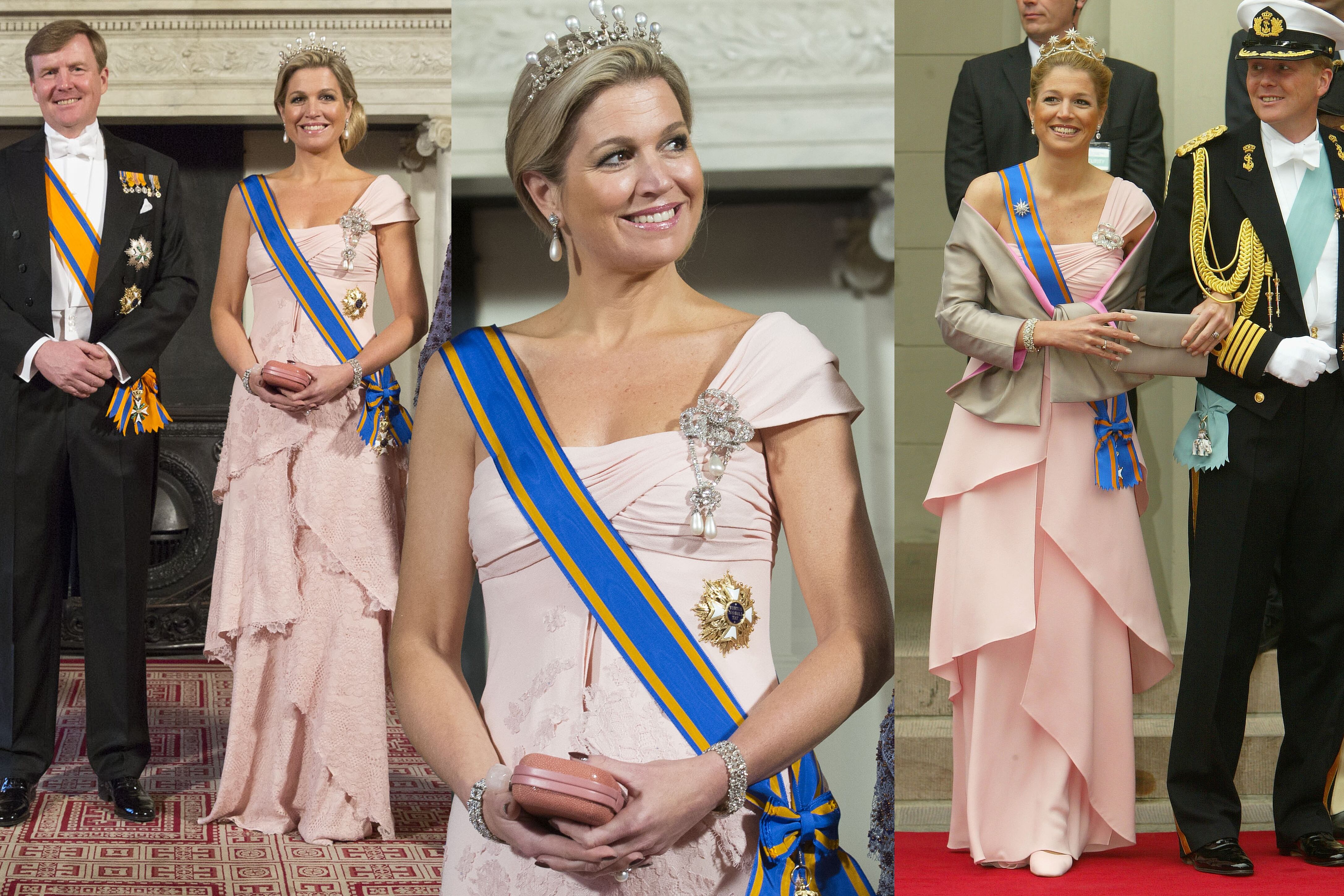 Como princesa, en 2004 dijo presente en el casamiento de los entonces también príncipes herederos Federico y Mary de Dinamarca con un Valentino de crêpe de seda y un solo hombro que acompañó con la tiara de las estrellas (derecha). Diez años después, recibió al presidente chino Xi Jinping, con el mismo traje, aunque customizado con encaje sobre los volados. Le sumó la tiara de diamantes y perlas y los aros del mismo set.
