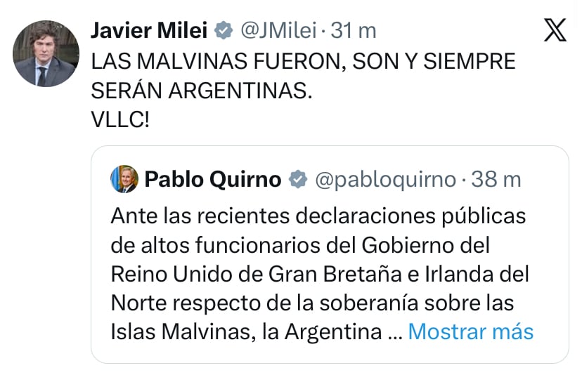 El tuit de Milei por las Islas Malvinas