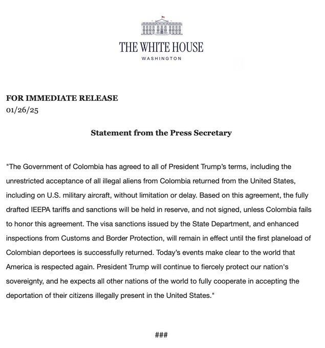 El comunicado oficial de la Casa Blanca que da marcha atrás con las sanciones a Colombia