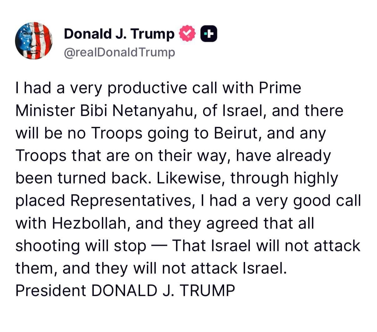 El tweet a través del cual Trump comunicó su conversación con Netanyahu