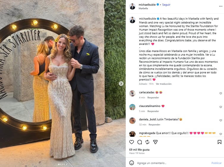 El cantante le dedicó unas emotivas palabras a su esposa, en las que reflejó su orgullo y admiración por ella (Foto: Instagram @michaelbuble)