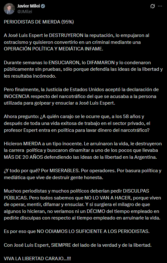 El mensaje de Milei en defensa de Espert
