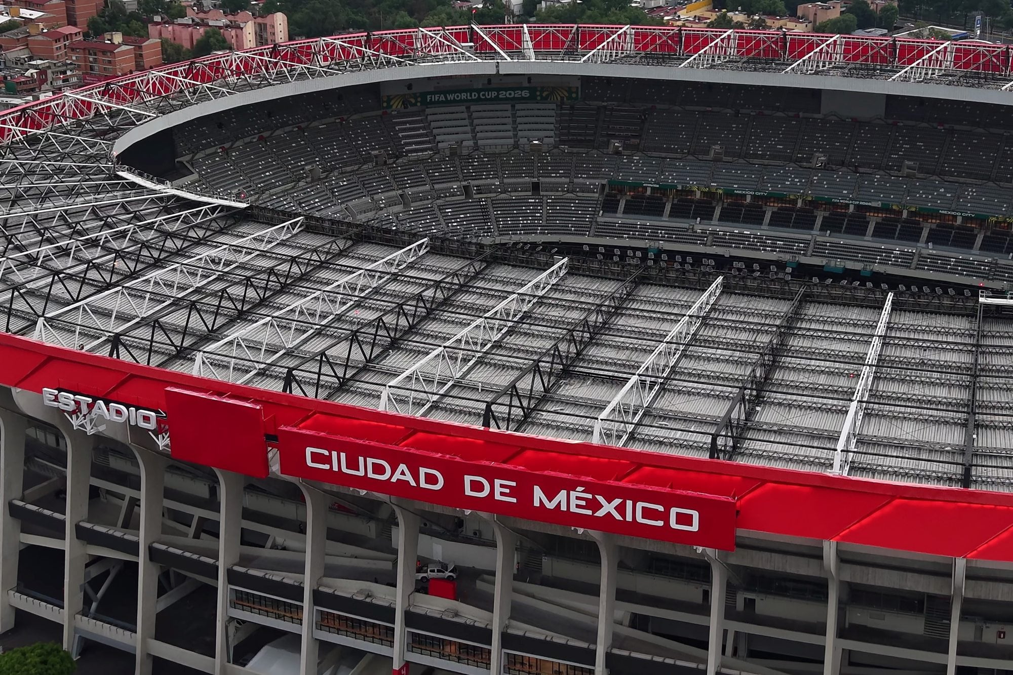 Vista aérea tomada con un dron el 20 de mayo de 2026 del simbólico Estadio Azteca de la Ciudad de México, que será anfitrión del partido inaugural de la Copa Mundial de la FIFA 2026 el 11 de junio, en Ciudad de México