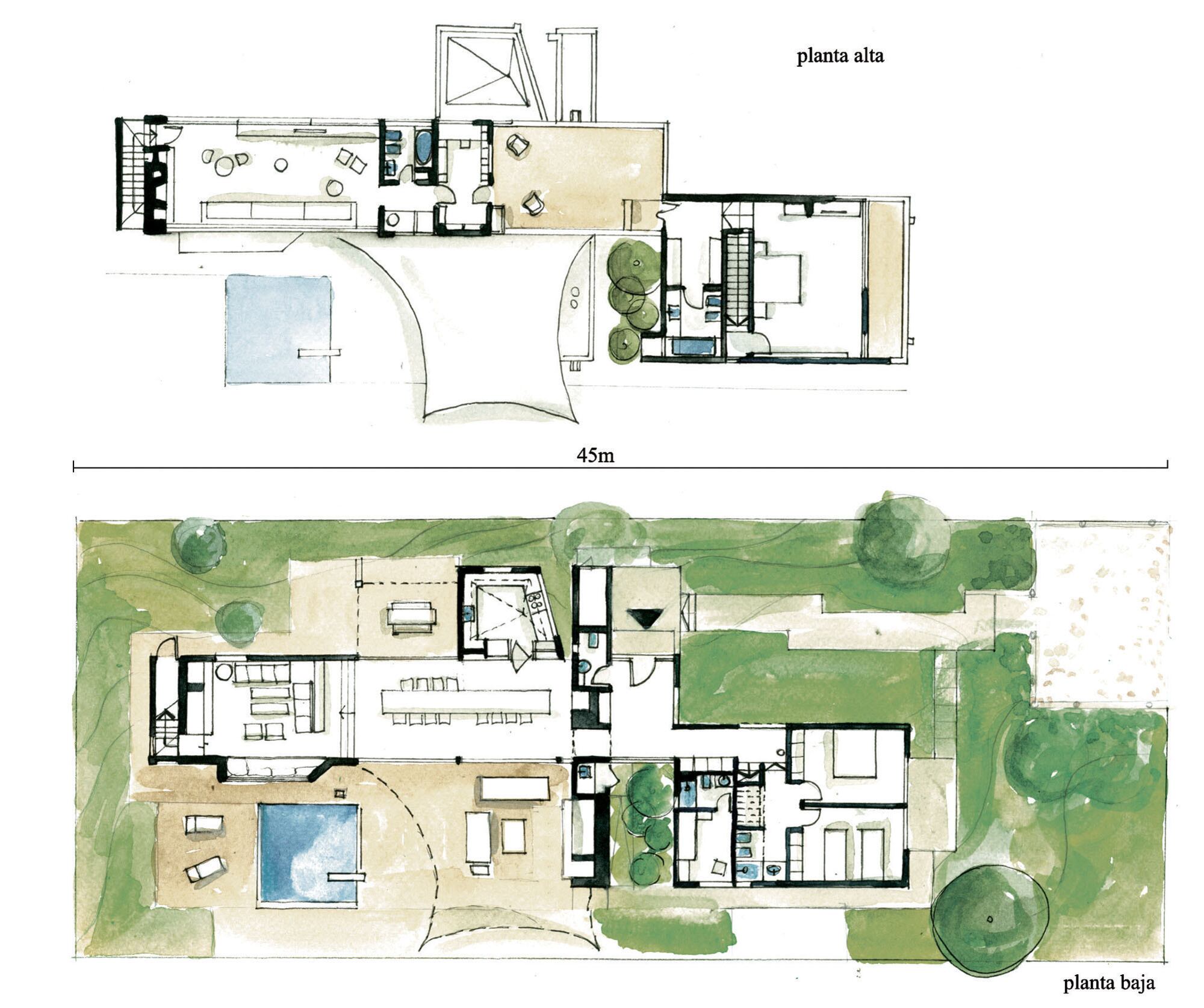 En planta alta, la terraza funciona como un fuelle entre la suite y el playroom/estudio. En la planta baja, la nave alargada que reúne cocina, living y comedor tiene techo curvo, y está junto a la pileta.