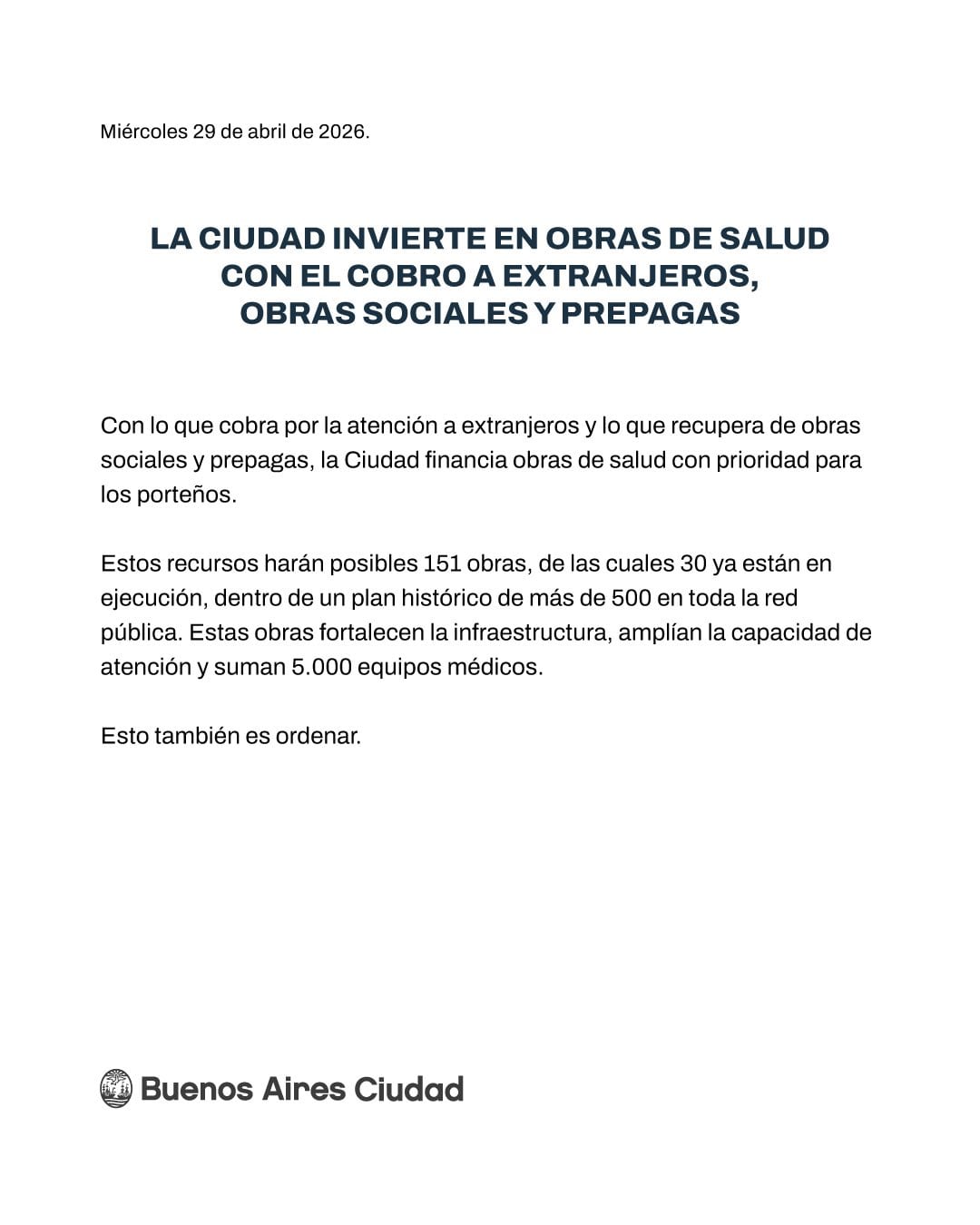 El comunicado del GCBA de este miércoles