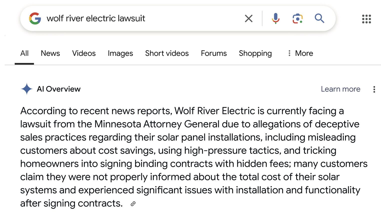 El resumen erróneo que tiraba Google AI Overview sobre Wolf River Electric. Crédito: Wolf River.