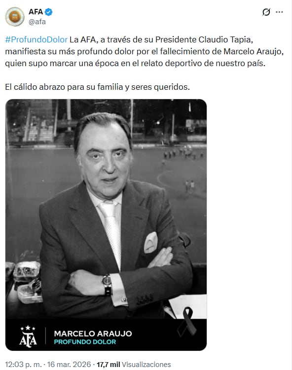 Las condolencias de la AFA por la muerte de Marcelo Araujo