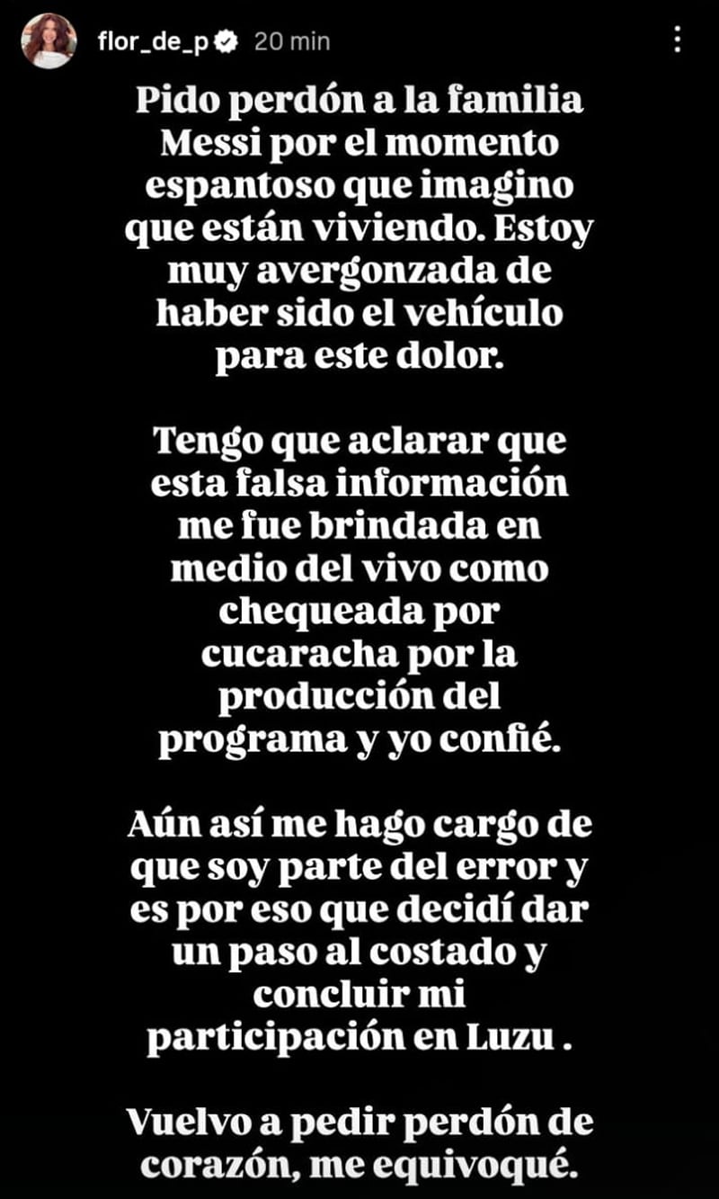 Javier Milei apuntó contra Florencia Peña tras la falsa noticia del padre de Messi 9 El pedido de disculpas de Flor Peña en Instagram