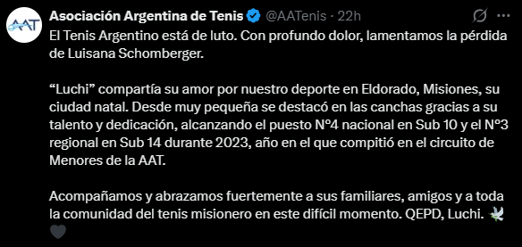 El posteo de la Asociación Argentina de Tenis (AAT)