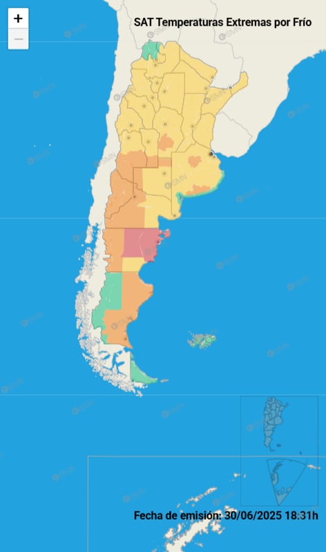 El mapa publicado por el SMN con las indicaciones de los niveles de frio extremo que se registrará en los diferentes distritos este martes 1 de julio.