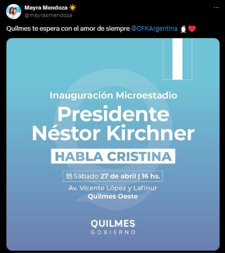 La exvicepresidenta hablará este sábado a partir de las 16 en Quilmes (Foto: X @mayrasmendoza)