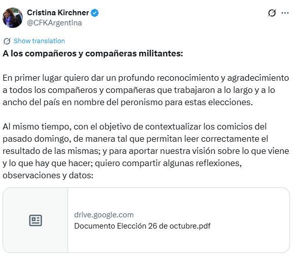 El posteo de Cristina Kirchner que contiene un extenso análisis sobre las elecciones (X: @CFKArgentina)