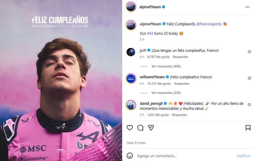 El mensaje de Alpine para Franco Colapinto y los saludos de Williams (Foto: Instagram @alpinef1team)