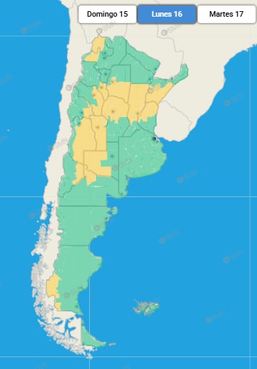 Las provincias bajo alerta amarilla este lunes 16 de febrero