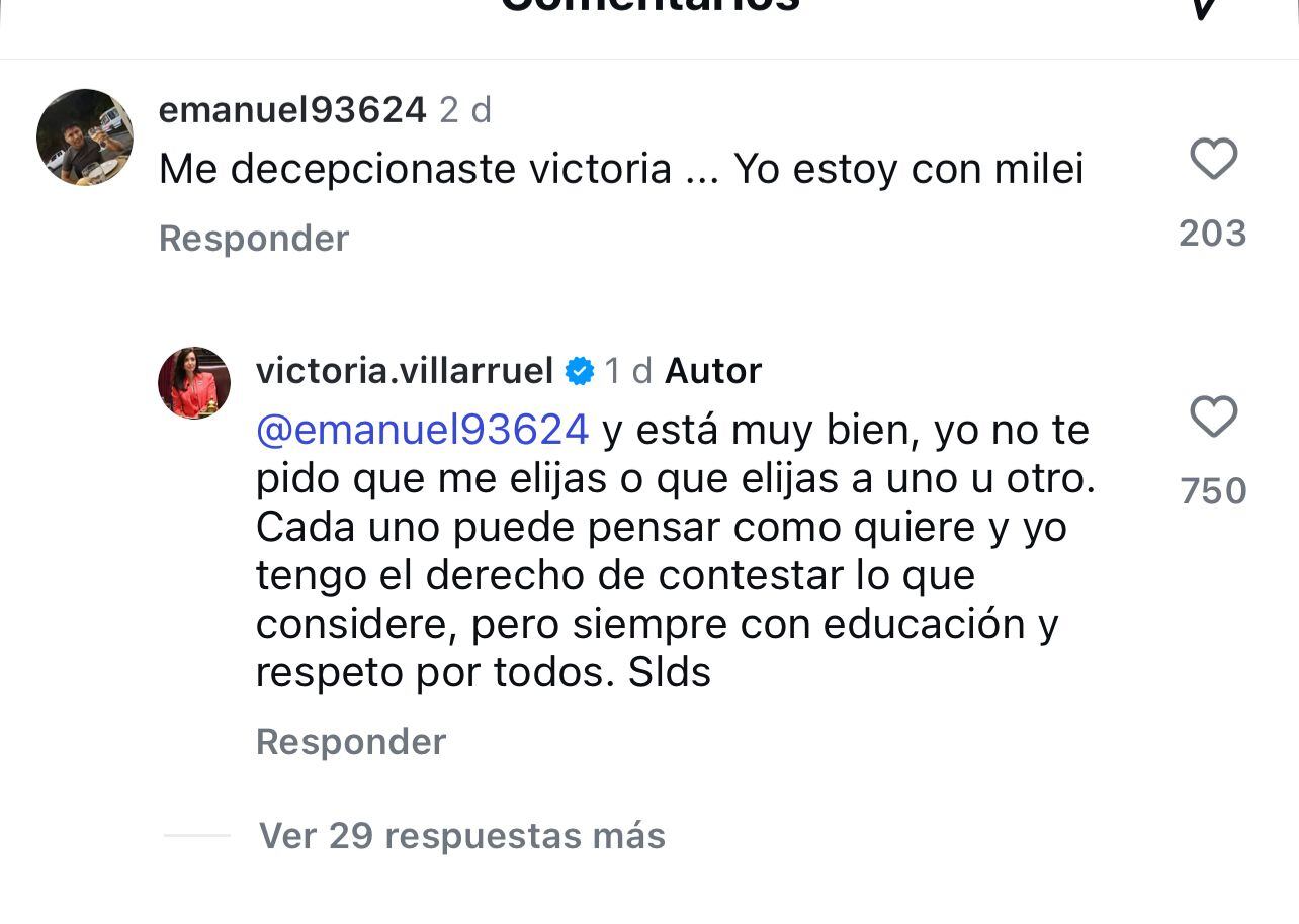 Las respuestas de Villarruel en Instagram
