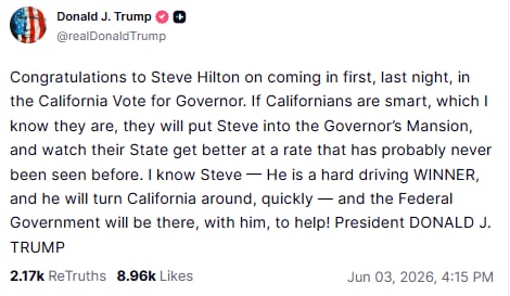 Donald Trump destacó que Steve Hilton podría contar con el apoyo federal en caso de ganar los comicios del 3 de noviembre