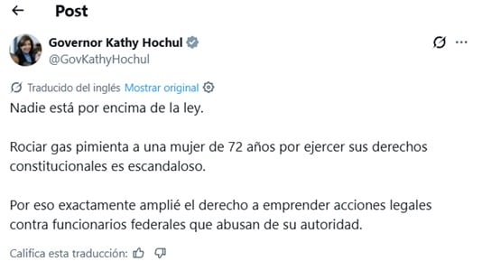 El mensaje de Hochul tras la viralización de un video donde se ve a un agente federal rociar gas pimienta a una mujer de 72 años