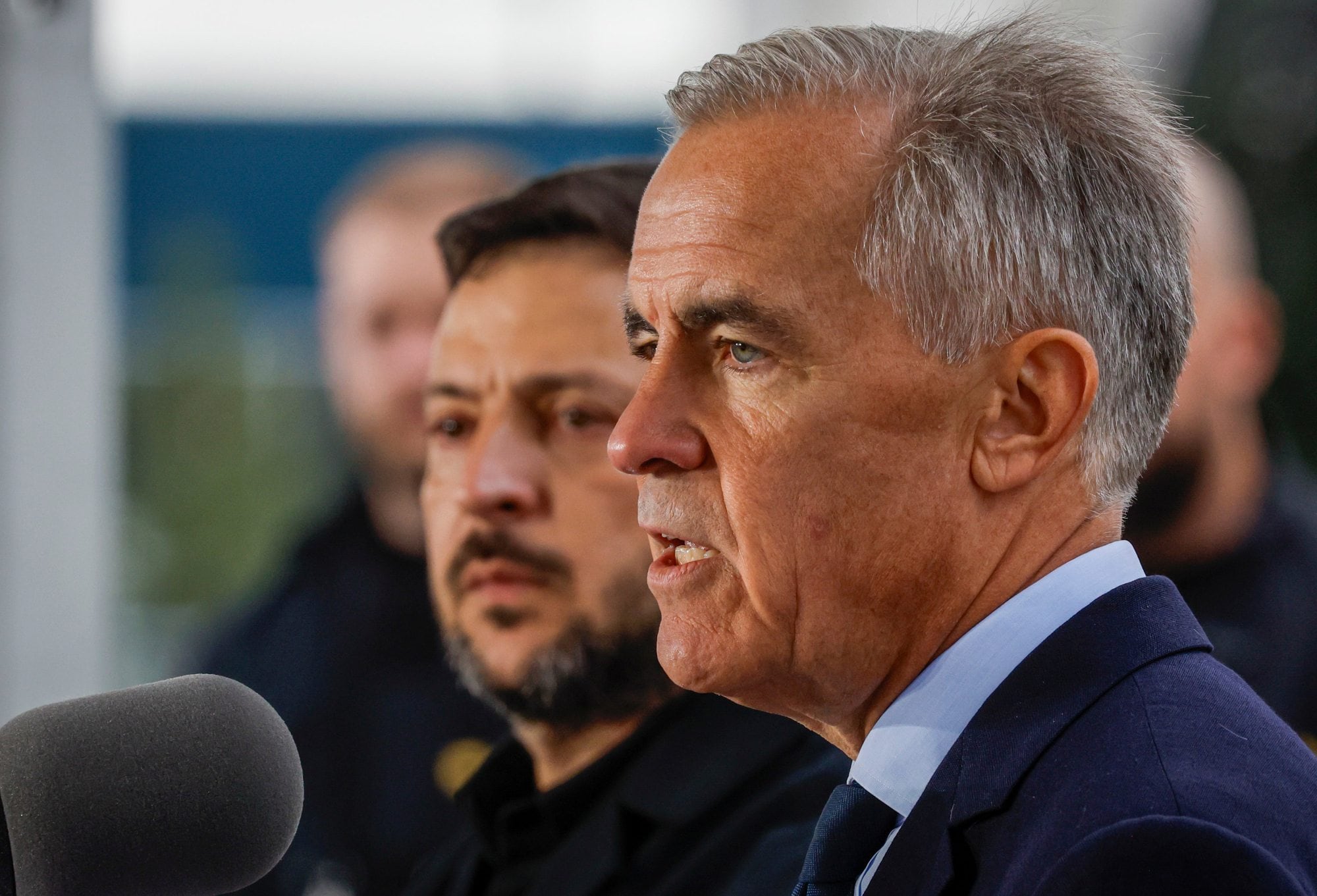 Canadian Prime Minister Mark Carney, right, and Ukraine's President Volodymyr Zelenskyy, speak after signing agreements in Calgary, Alta., Thursday, Sept. 10, 2026. (Jeff McIntosh /The Canadian Press via AP)