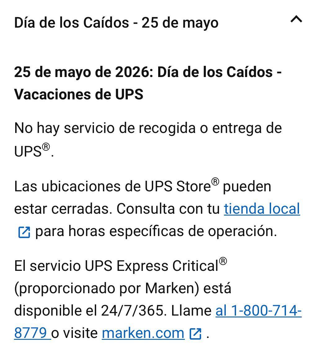 UPS confirmó en su portal oficial que no habrá servicio de recolección ni de entrega de paquetes el lunes 25 de mayo
