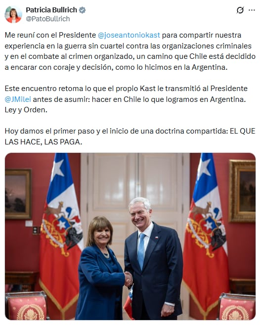 Patricia Bullrich se reunió con el presidente de Chile, José Antonio Kast