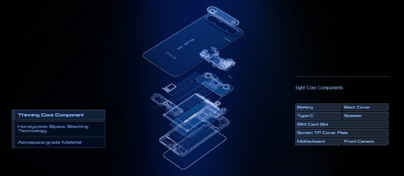 Como Apple, Tecno concentró la mayor parte de los componentes junto a la cámara para dejar lugar para la batería; la tapa es de fibra de vidrio