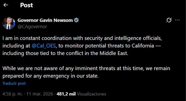 Gavin Newsom descarta amenazas inminentes de Irán