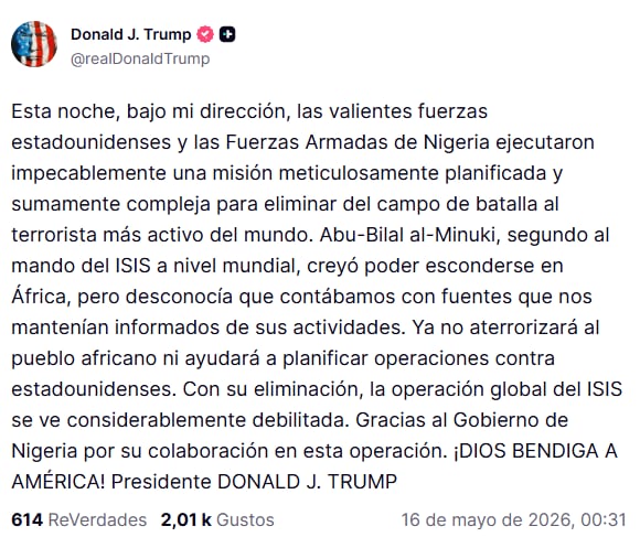Trump asegura que Estados Unidos eliminó a uno de los principales líderes de ISIS que operaba en Nigeria 6 El posteo de Trump en la red social Truth