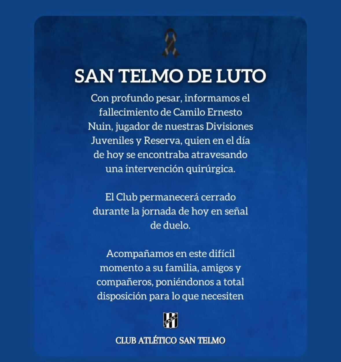Comunicado del club San Telmo por la muerte de su futbolista Camilo Nuin