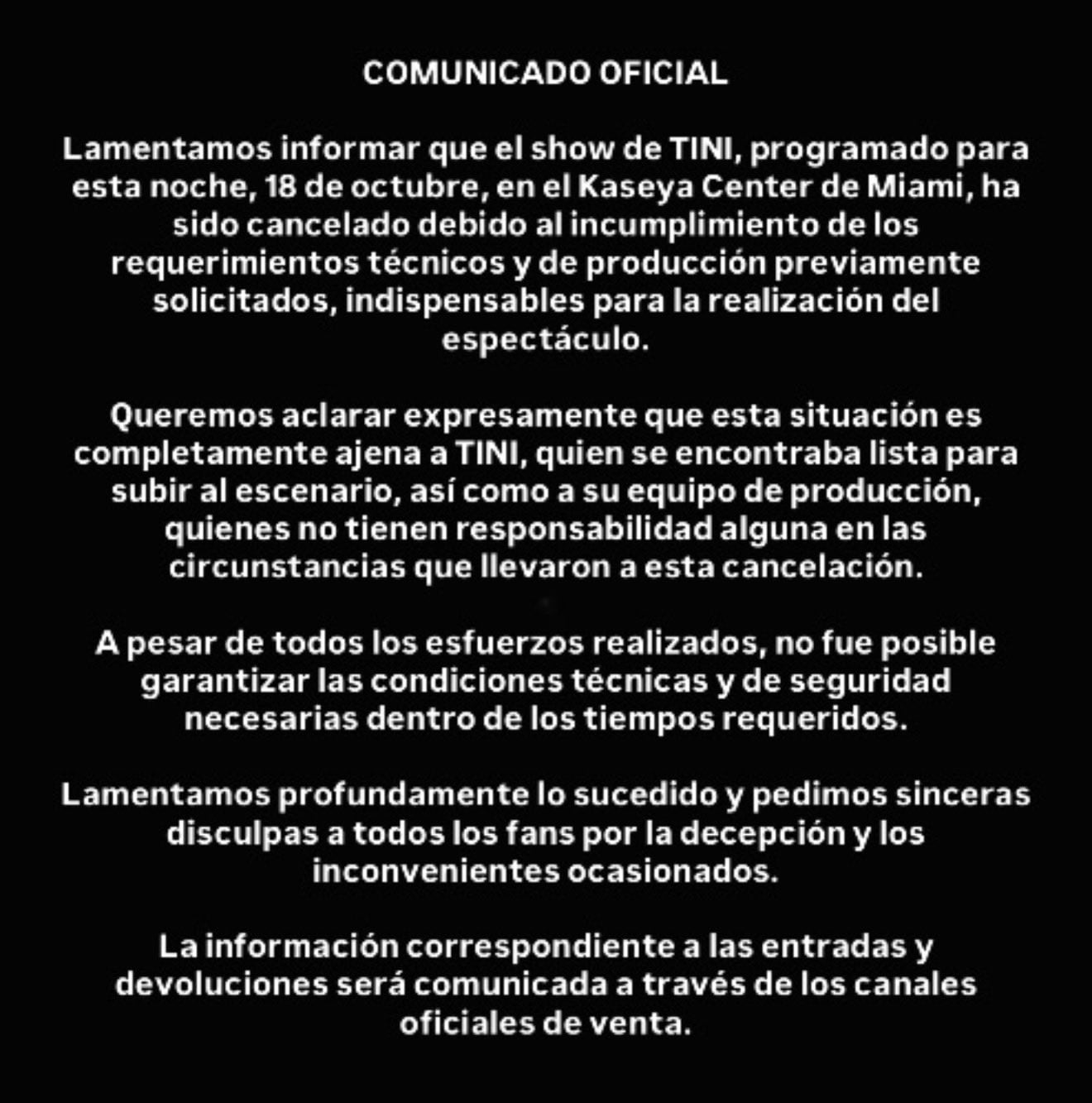 Se suspendió de último momento el show de Tini en Miami: “No fue un simple inconveniente” 8 Comunicado de Aku Music