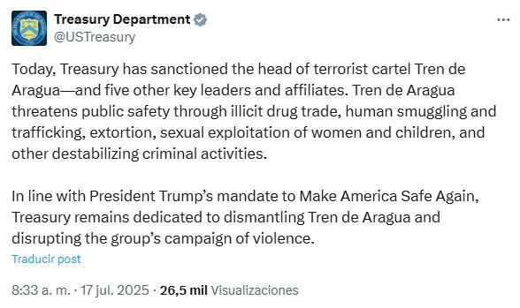 Las agencias del gobierno de EE.UU., como el Departamento del Tesoro, buscan desmantelar al Tren de Aragua. Foto: Treasury Department, X