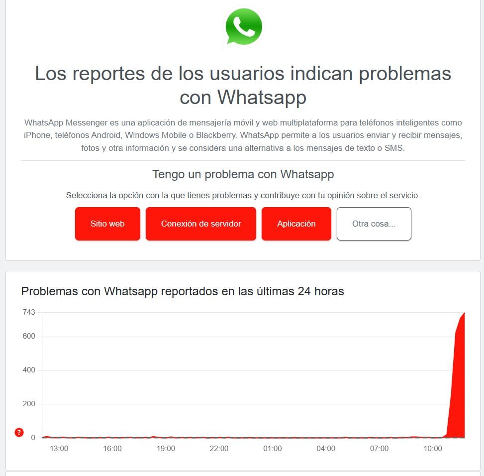 Los avisos de fallas en la versión Web de WhatsApp registrados en Downdetector