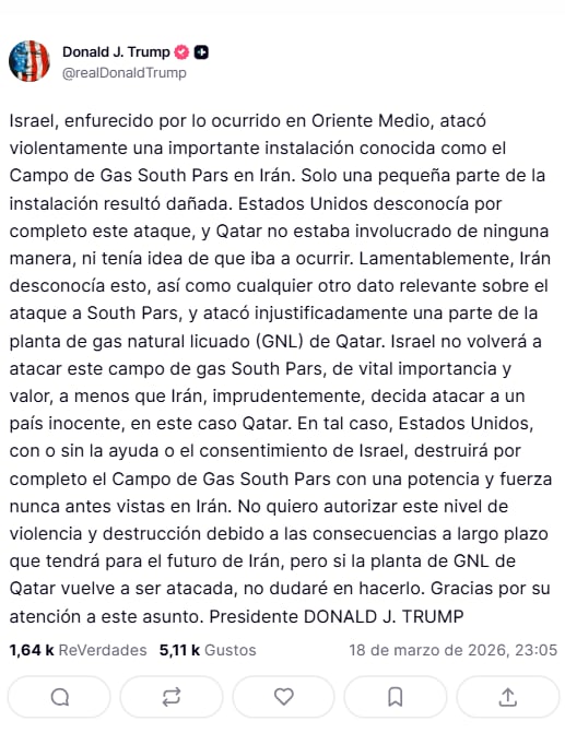 Guerra de Estados Unidos e Israel contra Irán, en vivo: tensión en Medio Oriente hoy, jueves 19 de marzo 8 El mensaje de Trump en Truth Social