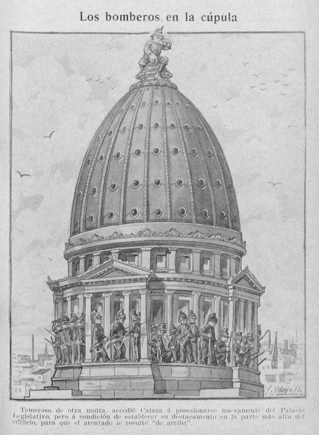 Existen innumerables fotografías y caricaturas en las que se recurre a la cúpula como ícono del Congreso y de Buenos Aires. Esta, publicada en 1909 en la revista PBT, se trata de una de las primeras.