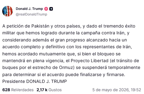 La publicación de Trump en Truth Social