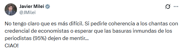 Minutos después de su primer publicación en respuesta a lo dicho por Cavallo, el Presidente se refirió a