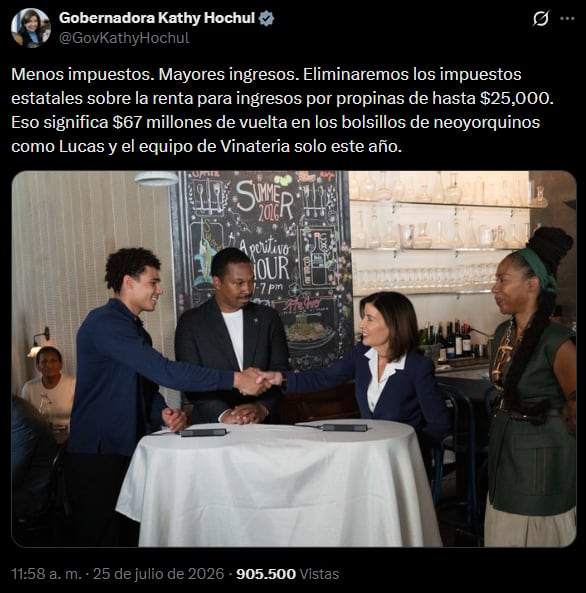 A través de X, Hochul destacó que la iniciativa devolverá unos 67 millones de dólares directamente a los bolsillos de los trabajadores neoyorquinos este año
