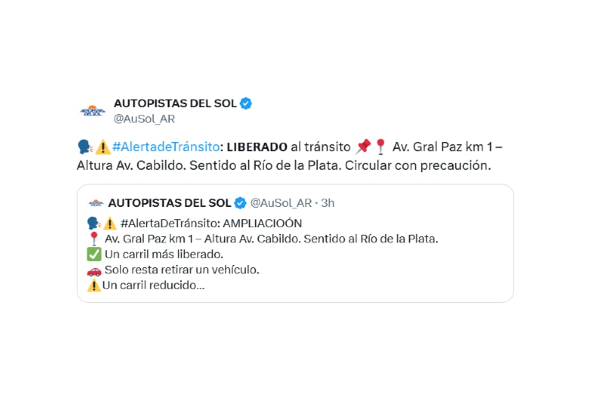 El posteo de Autopistas del Sol sobre el choque en cadena en General Paz