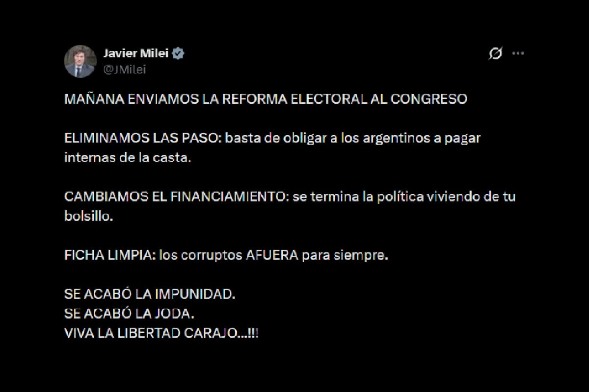 Milei enviará la reforma electoral al Congreso: elimina las PASO e incluye ficha limpia 6 El posteo en el que el presidente Javier Milei anunció que enviará el miércoles al Congreso el proyecto de reforma electoral